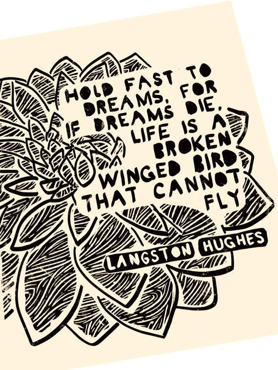Hold fast to dreams, Langston Huges. Lino style illusration. poster style wall hanging. art print, motivational quote, broken winged bird