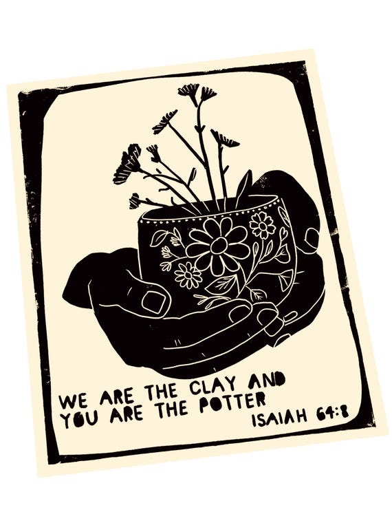 We are the clay and you are the potter, Isaiah 64:8 living room sign, bible verse, linocut style decor, unique art, minimalist, wall decor
