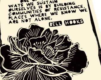 Communities of resistance, Bell hooks quote. Lino style illusration, office print, Black authors, leaders, famous AfricanAmerican scholars