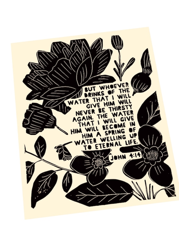 John 4:14, Scripture wall quote, living room sign, bible verse, linocut style decor, unique art, minimalist, wall decor, living waters