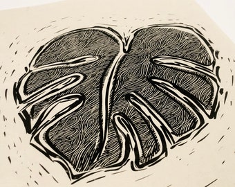 Monstera Leaf lino, gardener, Lino print, handmade block print, relief print. Floral block print, botany print, garden lover, nature, leaf