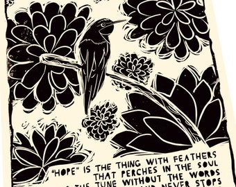 Emily Dickinson quotes, hope is the thing with feathers. Lino style illusration, block style print, bird on a branch, lino style print