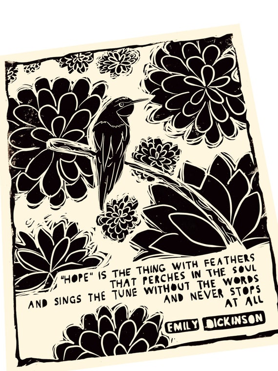 Emily Dickinson quotes, hope is the thing with feathers. Lino style illusration, block style print, bird on a branch, lino style print