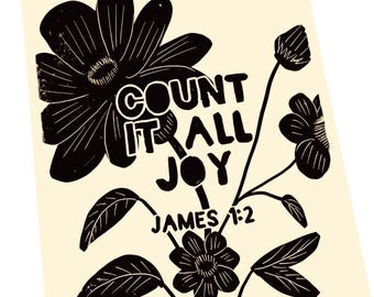 Count it all joy, James 1:2 Scripture wall quote, living room sign, bible verse, linocut style decor, unique art, minimalist, wall decor