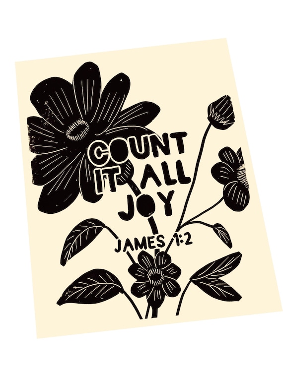 Count it all joy, James 1:2 Scripture wall quote, living room sign, bible verse, linocut style decor, unique art, minimalist, wall decor