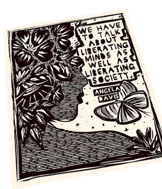 Angela Davis quote, social change, activism, Lino style illusratio,block style print, united in power, together, BIPOC, floral linocut