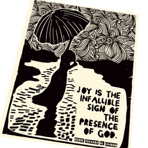 Joy quote, the infallible sign of presence of God. Lino style art print, wall art, gift idea. Thank you gift