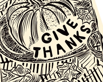 Give Thanks, fall, autumn print, October. Linocut style illustration, thanksgiving art minimalist, pumpkin illustration, changing seasons