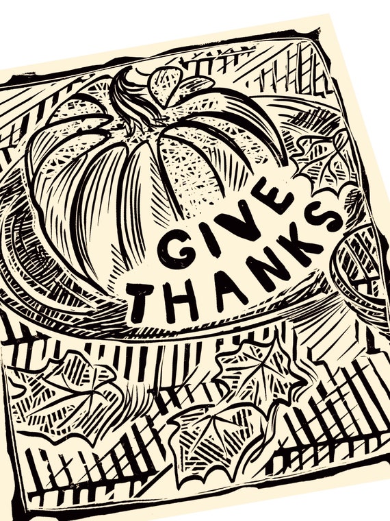 Give Thanks, fall, autumn print, October. Linocut style illustration, thanksgiving art minimalist, pumpkin illustration, changing seasons