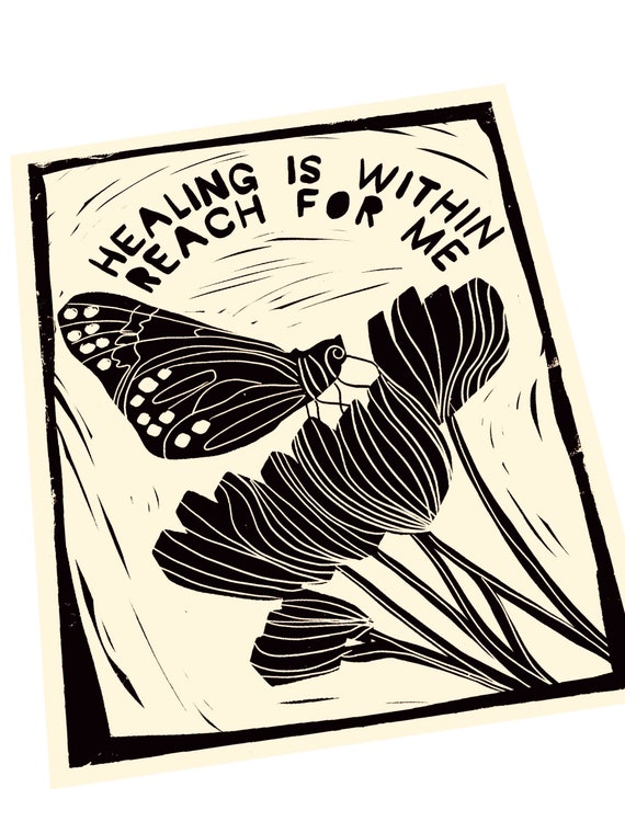 Healing posters, within reach Be gentle with yourself, lino style art print. Self care quotes and sayings. Butterfly, floral art print.
