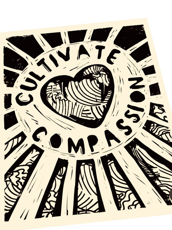 Cultivate Compassion, empathy , be kind, Lino style illustration  block style print, heart sunshine rays, simple art print, black ink