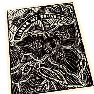 May include: Black and white art print with the text "I Honor My Boundaries". The artwork features a stylized floral design with intricate linework. The print is on a cream-colored background.