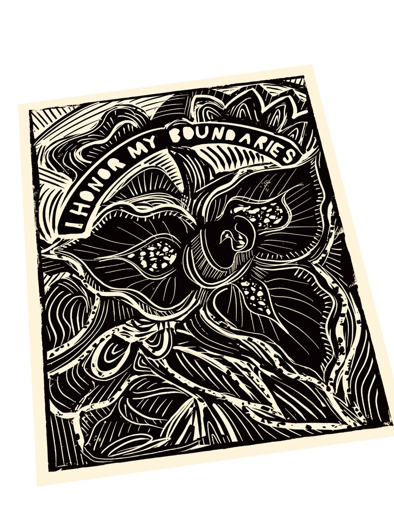 May include: Black and white art print with the text "I Honor My Boundaries". The artwork features a stylized floral design with intricate linework. The print is on a cream-colored background.