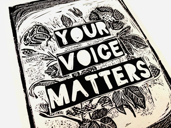 Your voice Matters, Lino style illusration,,  block style print, holding hands, together, activism, feminism, social justice, BLM