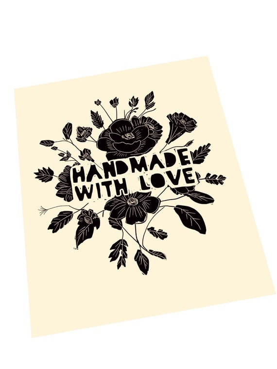 Handmade with love, block style print, floral typography, lino style, sign for craft room, prints, office art, crafters