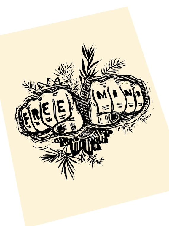 Free mind, knuckle tattoo. Lino style illusration,,  block style print, hands, together, activism, feminism, social justice, BLM, freedom