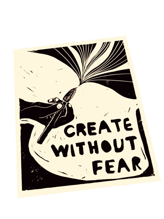 Create without fear. Art poster. Art quotes and saying. Creativity takes courage. Lino style print. Art teacher gift, classroom decoration.