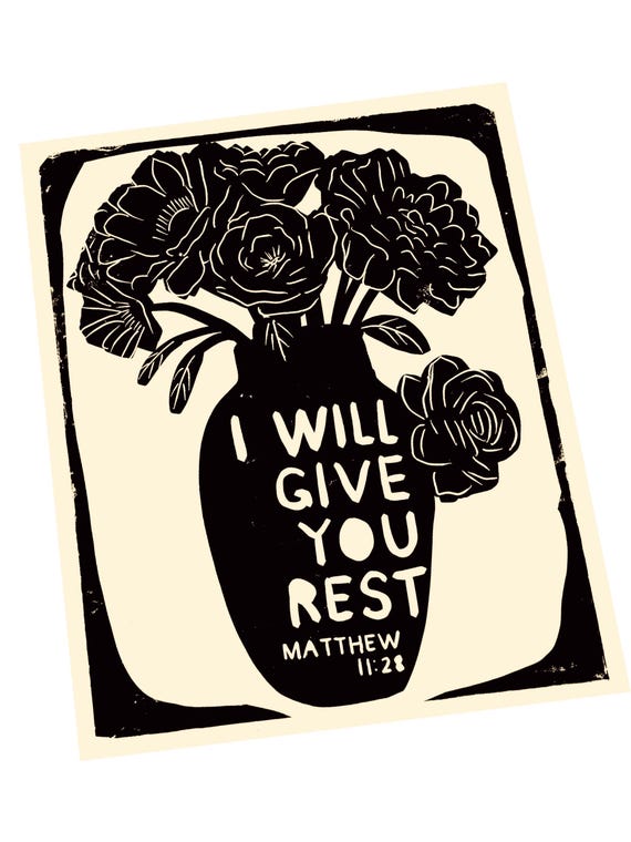 I will give you rest, Matthew 11:28 Scripture wall quote, living room sign, bible verse, linocut style decor, unique art, minimalist, art