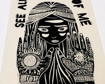 See all of me, art for change, feminist, feminism, indian woman, ethnic art, handmade justice block print, relief print, desi, henna hands