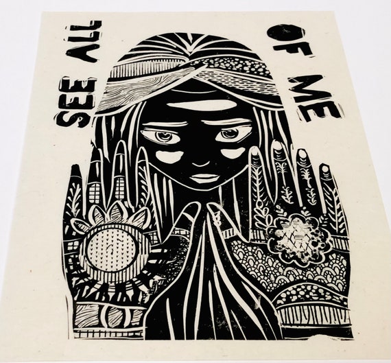See all of me, art for change, feminist, feminism, indian woman, ethnic art, handmade justice block print, relief print, desi, henna hands