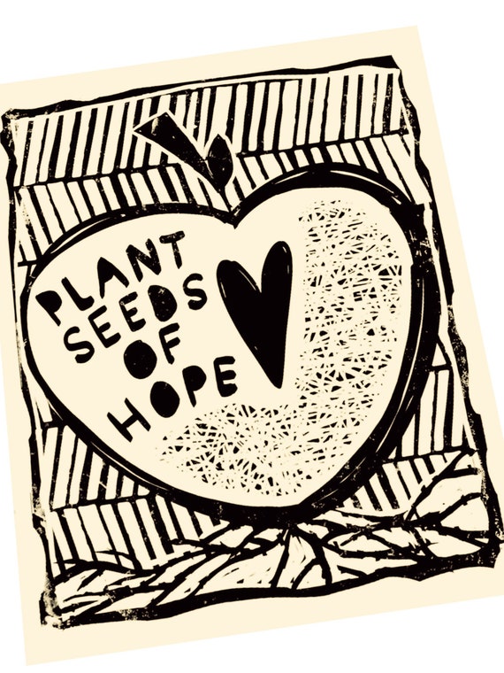 Plant seeds of hope. Lino style illustration. art print, teacher apple, plant seeds, educator quotes, apple core, school poster