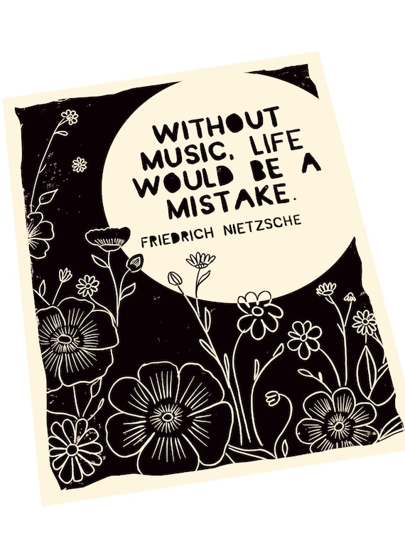 Without music quote, Nietzsche quote , moonlight garden. Lino style illustration. gift for music teacher, art print, music lover art