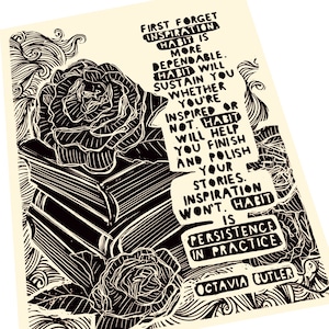 Octavia Butler quote, habit over inspiration, floral Lino style illustration, books print, linocut style, stacked books print, roses