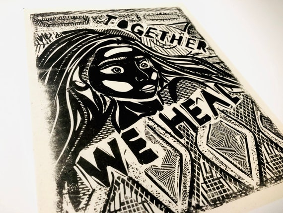 Together we heal, Lino style illusration,,  block style print, holdng hands, together, activism, feminism, social justice, BLM