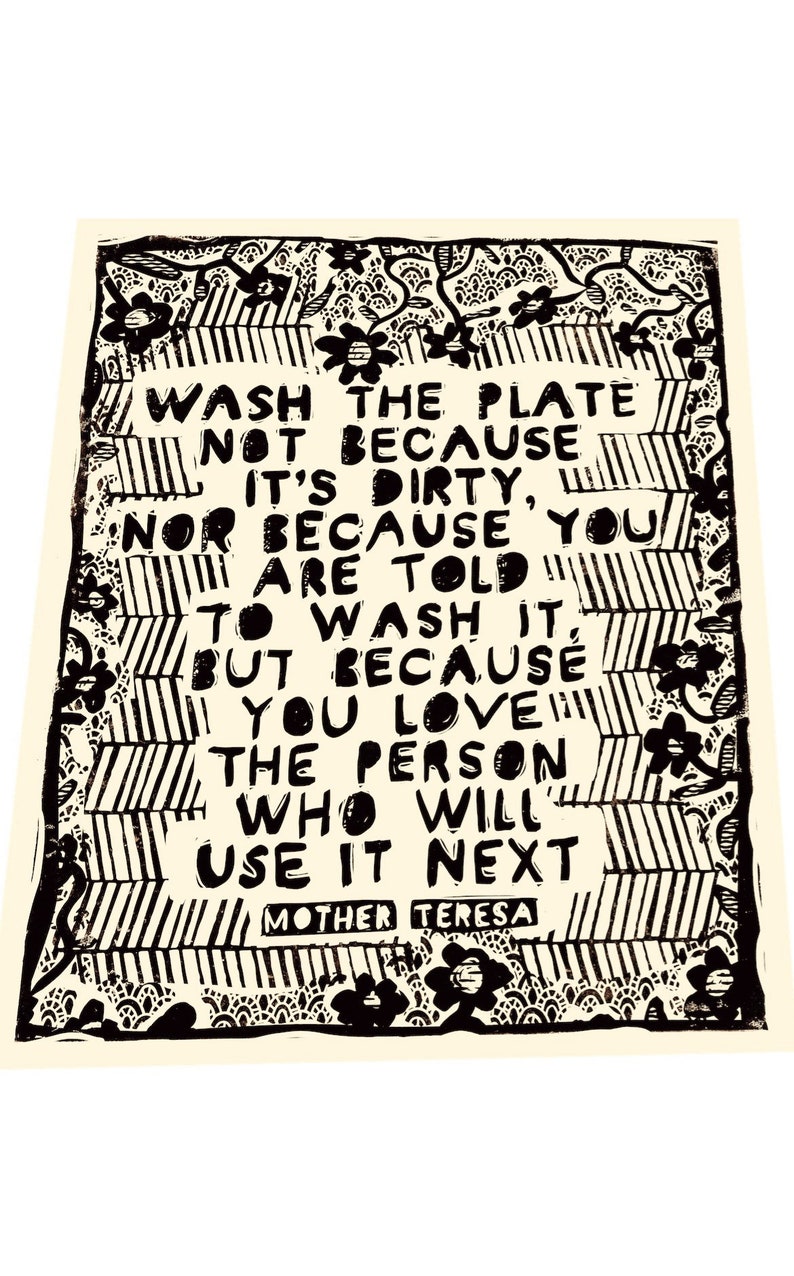 Wash the plate because quote, social change, activism, Lino style illusratio,, block style print, Mother Teresa quote, together, community. image 3