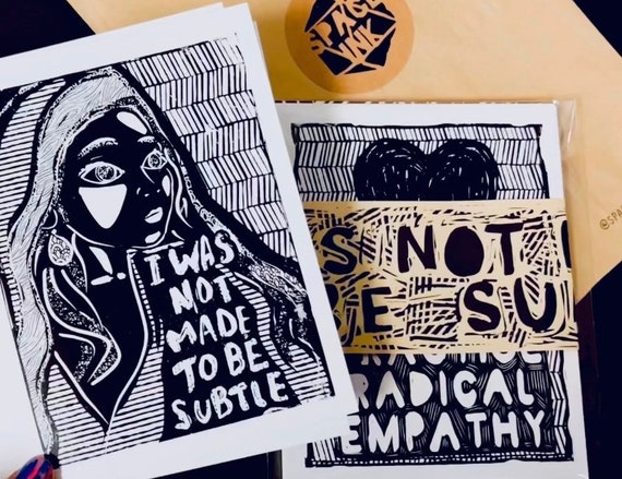 Set of 8 Postcards. Lino style illustration. Radical empathy, community, joy, I was not made to be subtle. Simple, monochromatic art cards