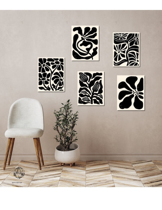 5 Floral abstract Gallery Wall Art. Set of ALL 5 prints, lino style Print Set, room Decor, Neutral Minimal, Gallery Wall Art monochromatic