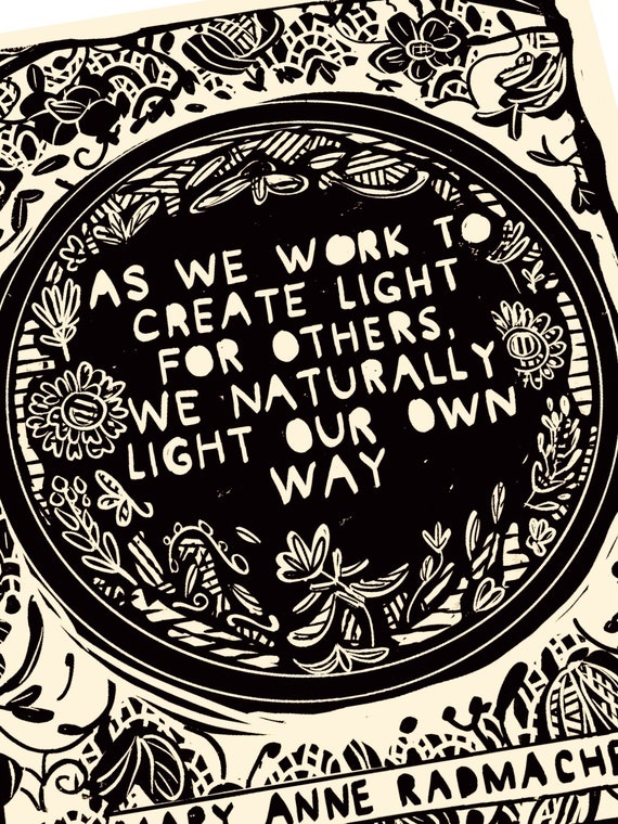 Create light for others. Light illustration. Art Lino style illusration,  block style print, primitive art, simple