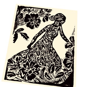 Stay Sucka Free, brutale kunst, betekenis van verborgen woorden, rebelse kunstprint. Linostijl kunstafdruk, kunst aan de muur, cadeau-idee. bloemenprint in linostijl