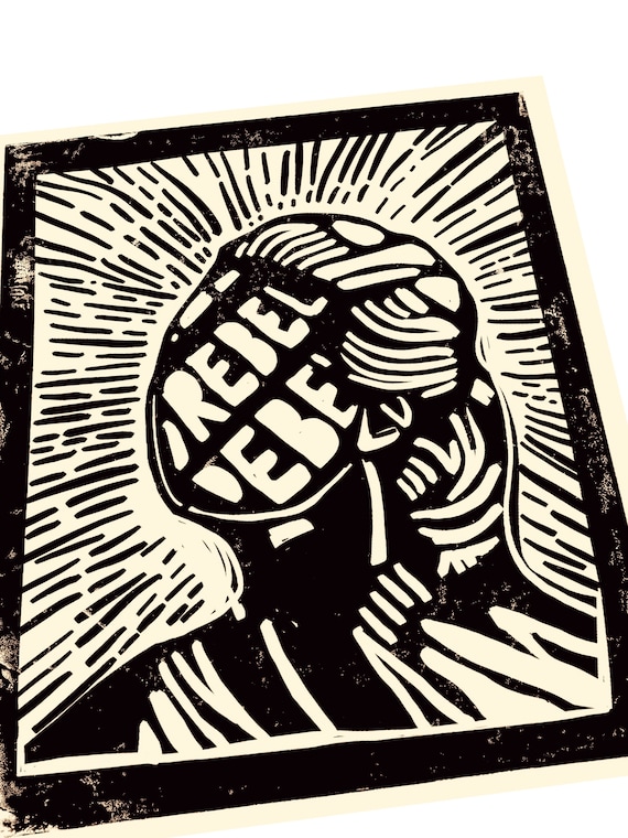 Rebel art print. Lino style art print, wall art, gift idea. Girl power, rebel art