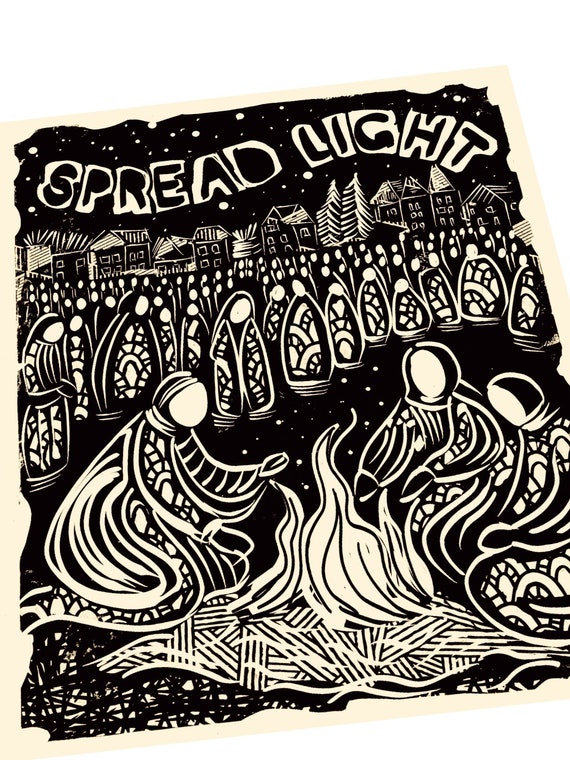 Spread light art print, Lino style illusration,  block style print, primitives, community, for the good of all