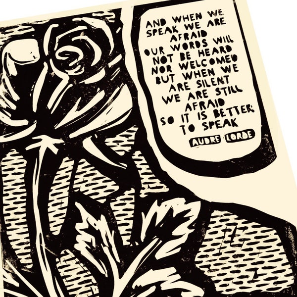 Audre Lourde quote, A litany for survival, indian woman, ethnic art, handmade justice block print, relief print, desi, social issues