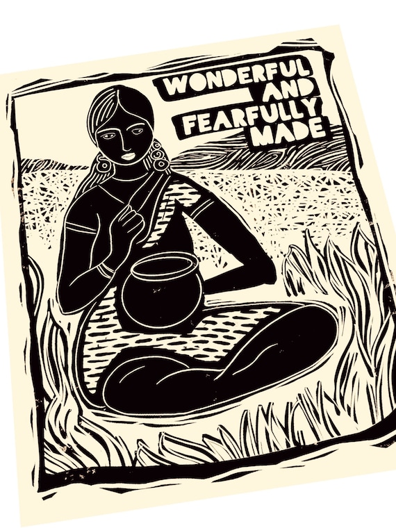Wonderfully and fearfully made, desi, scripture verse typography, linoprint, lino style art, illustration, bold, simple, Indian woman
