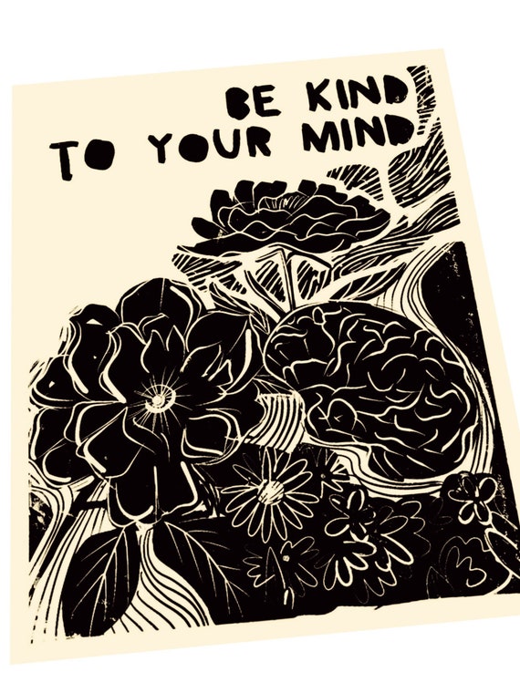 Be kind to your mind, Neurodivergent Lino style illustration, block style print, wildflowers, ADD, ADHD awareness, beautiful mind