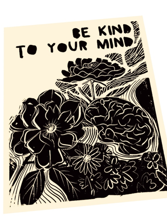 Be kind to your mind, Neurodivergent Lino style illustration, block style print, wildflowers, ADD, ADHD awareness, beautiful mind