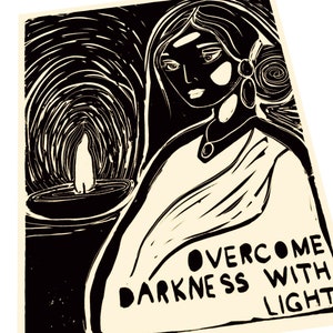 Overcome darkness with light, dia light, Lino style illustration,  block style print
