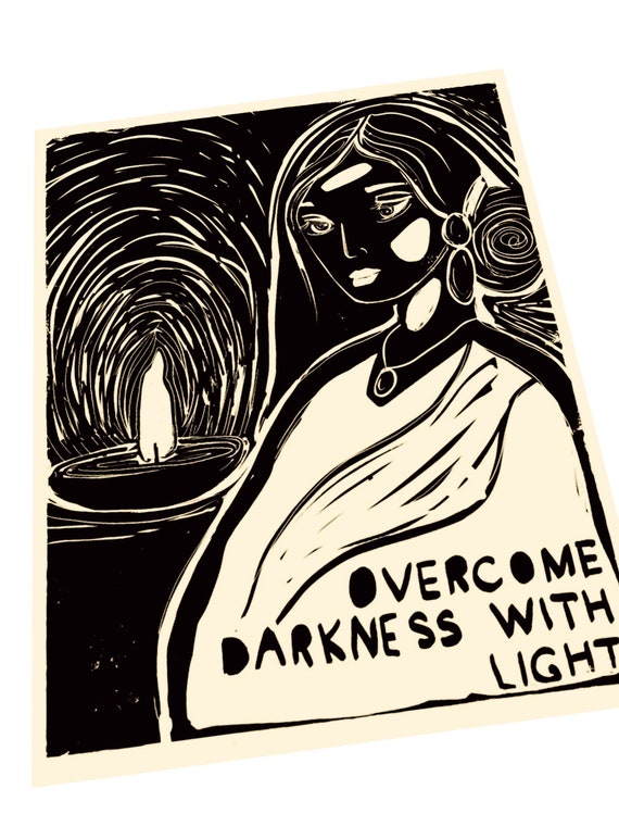 Overcome darkness with light, dia light, Lino style illustration,  block style print