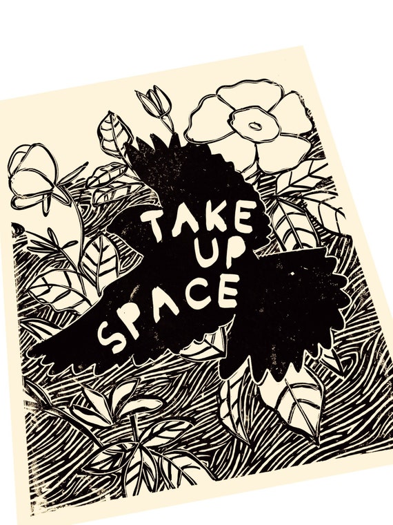 Take up space, lino style illustration, typography, nature print, soar, self care, you deserve to take up space, eagle, bird art, minimalist