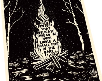 Protect hope , fire illustration, Lino style illustration,  block style print, hands, hope in the dark, floral, hope mental health