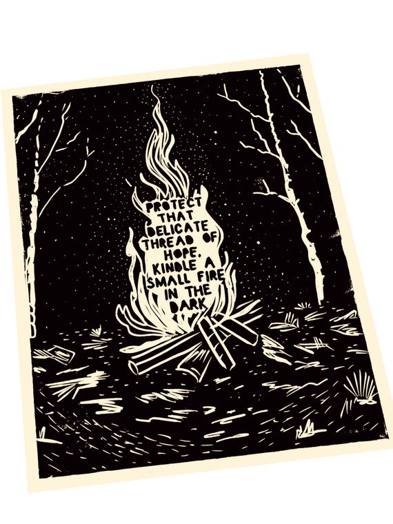 Protect hope , fire illustration, Lino style illustration,  block style print, hands, hope in the dark, floral, hope mental health