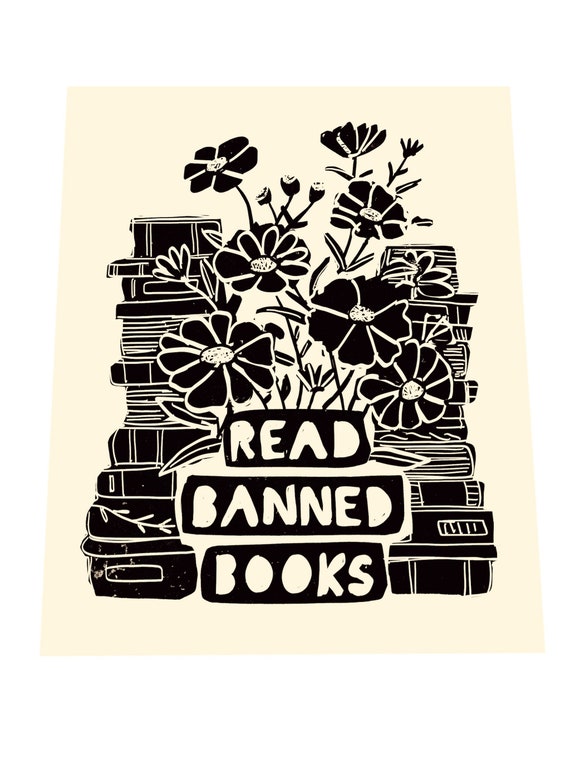 Read banned books. Lino style illusration,  block style print, open book, gift for reader, librarian, book with flowers, i love reading