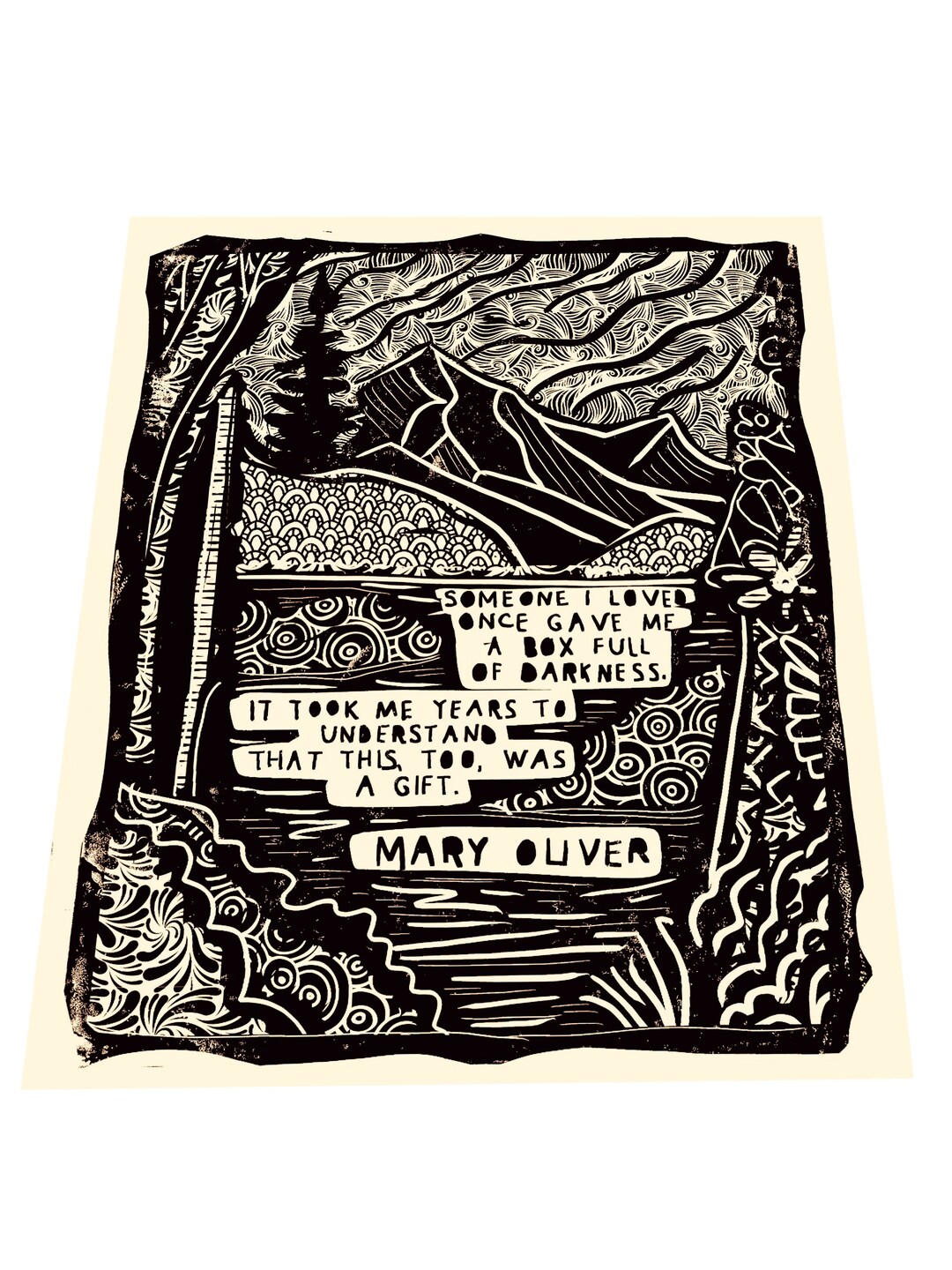 The Many Uses of Sorrow, Mary Oliver. Lino Style Art Print, Box Full of Darkness, Wall Art, Gift