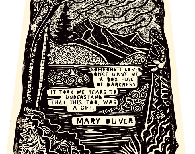 The Many Uses of Sorrow, Mary Oliver. Lino Style Art Print, Box Full of Darkness, Wall Art, Gift