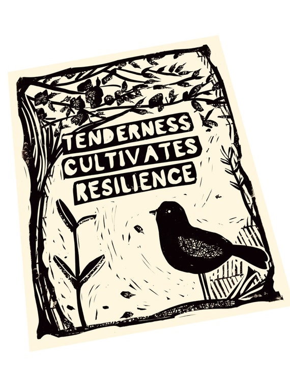 Tenderness cultivates resilience, bird illustration. Community, Lino illusration,  block style print, activism, feminism, social justice