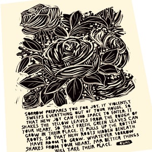 Sorrow quote by Rumi, Lino style illustration, loss of loved one, bereavement, sorry for your loss, hopeful prints, linocut
