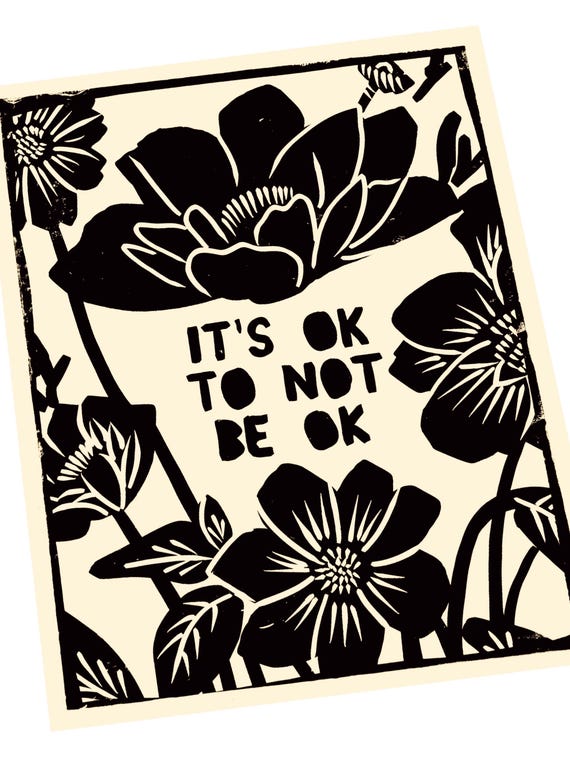 It's ok to not be ok, Neurodivergent Lino style illustration, block style print, wildflowers, awareness, beautiful mind
